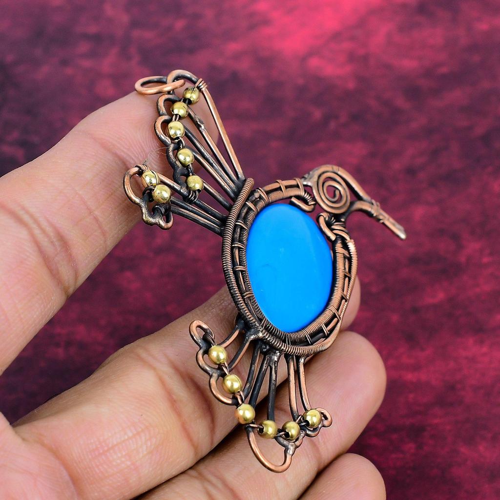Sleeping Beauty Turquoise And Bird Pendant Copper Wire Wrapped Gemstone Pendant