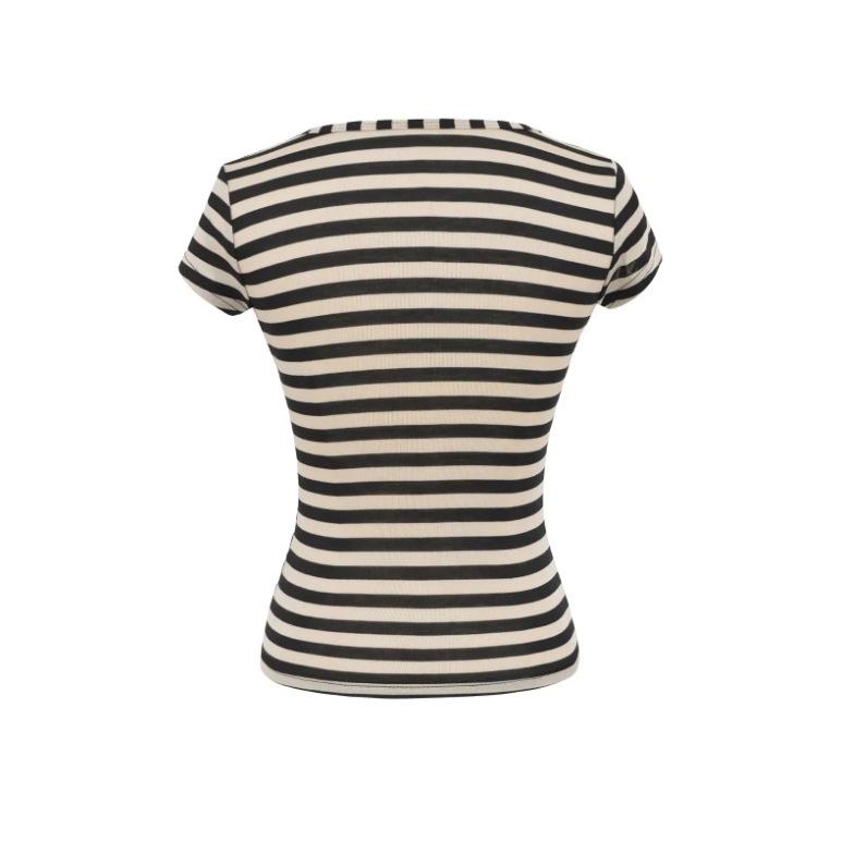 T-shirt rayé élastique à col en V et manches courtes pour femme - Style Fille Américaine Épicée - Haut de base moulant