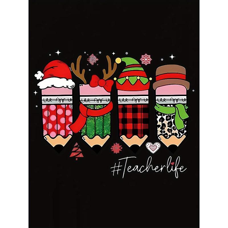 Women's Minimalist Christmas Pencil Print T-Shirt Crew Neck Short Sleeve Casual Summer Top