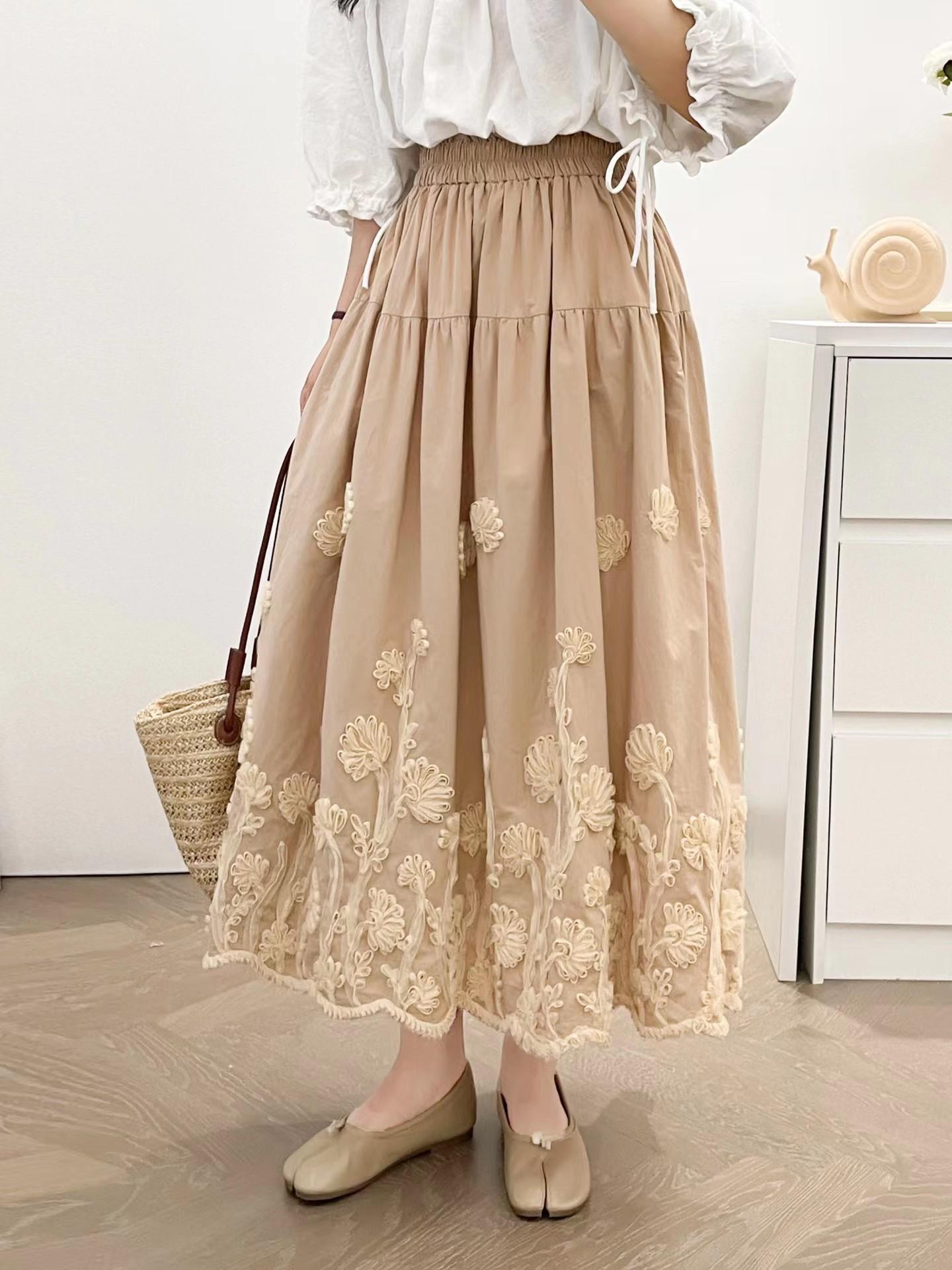

Johnature Japanese Forest Flower Cotton Half Skirt 2026 Summer Casual All Match Women Loose Skirts One Size хаки