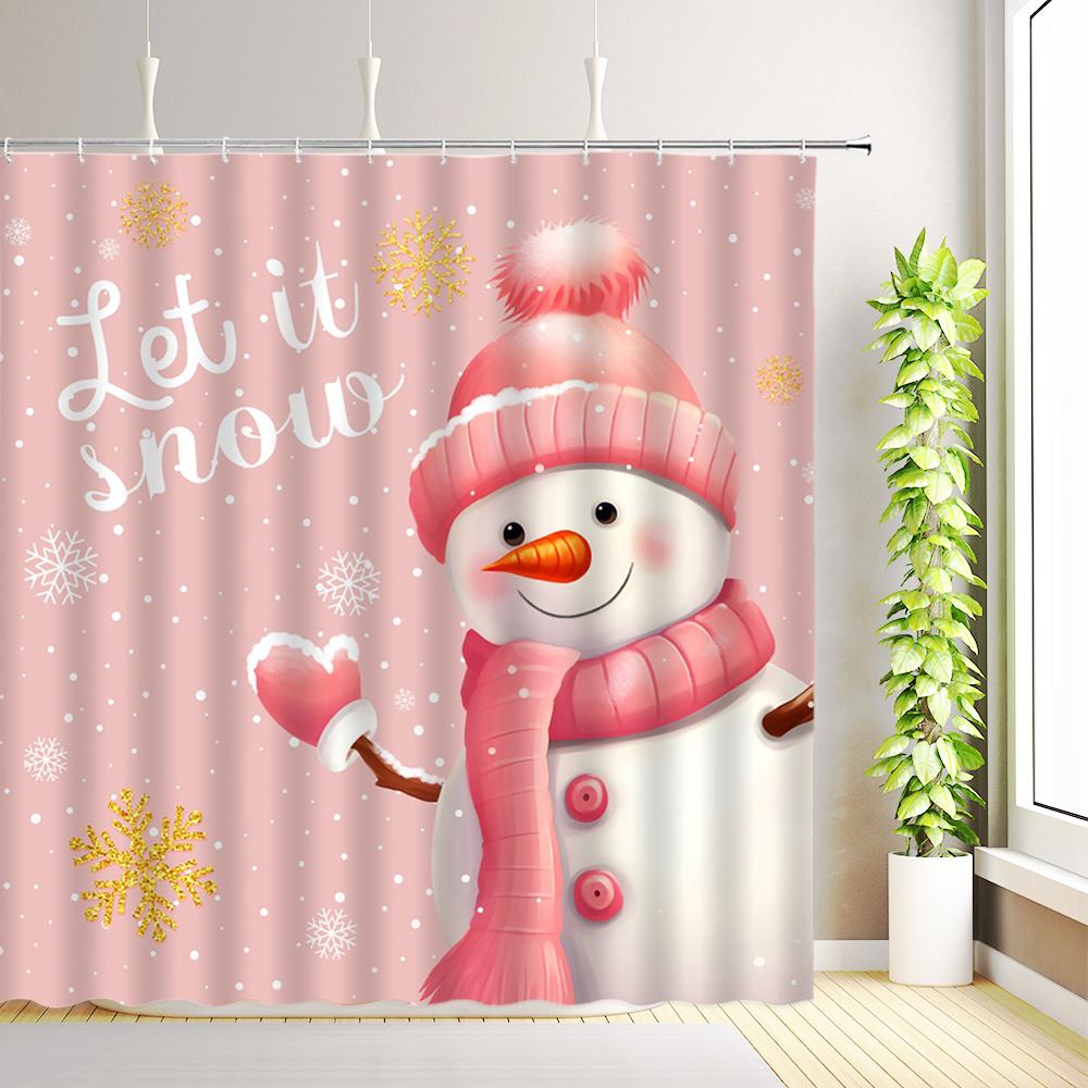 Merry Christmas Happy New Year Shower Curtain Santa Claus Snowman Reindeer Winter Snowflake Xmas Bathroom Decor with Hooks