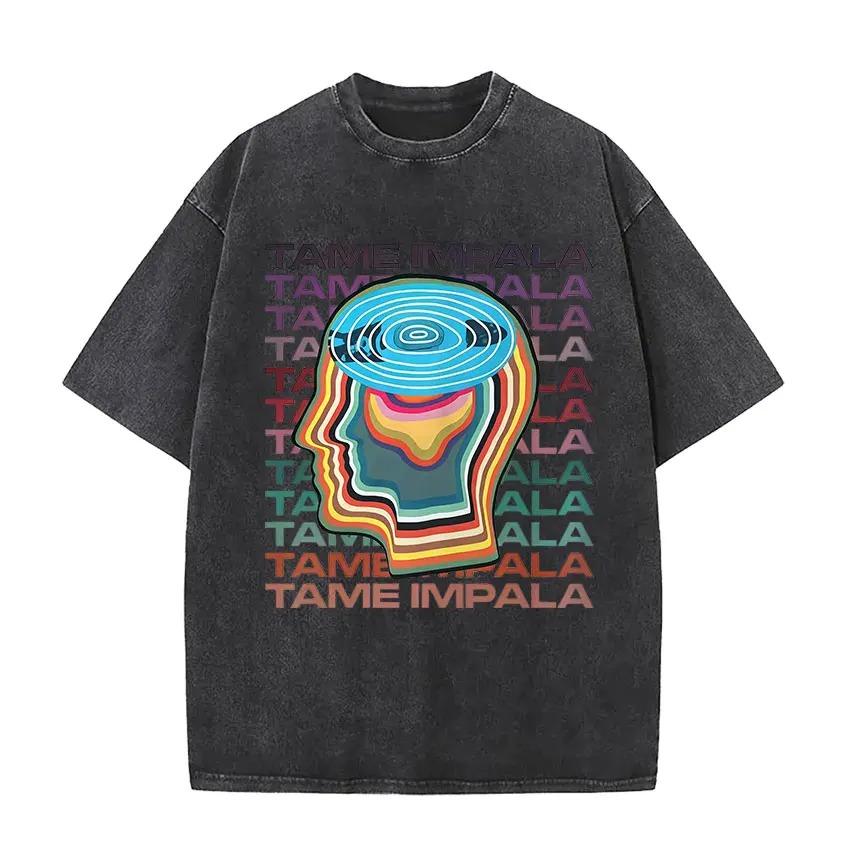 2026 Hot Sale Men Women Unisex Washed T‑shirt Tame Impala Currents Music Band Graphic Print O‑Neck Short Sleeve Casual Streetwear Tee Top