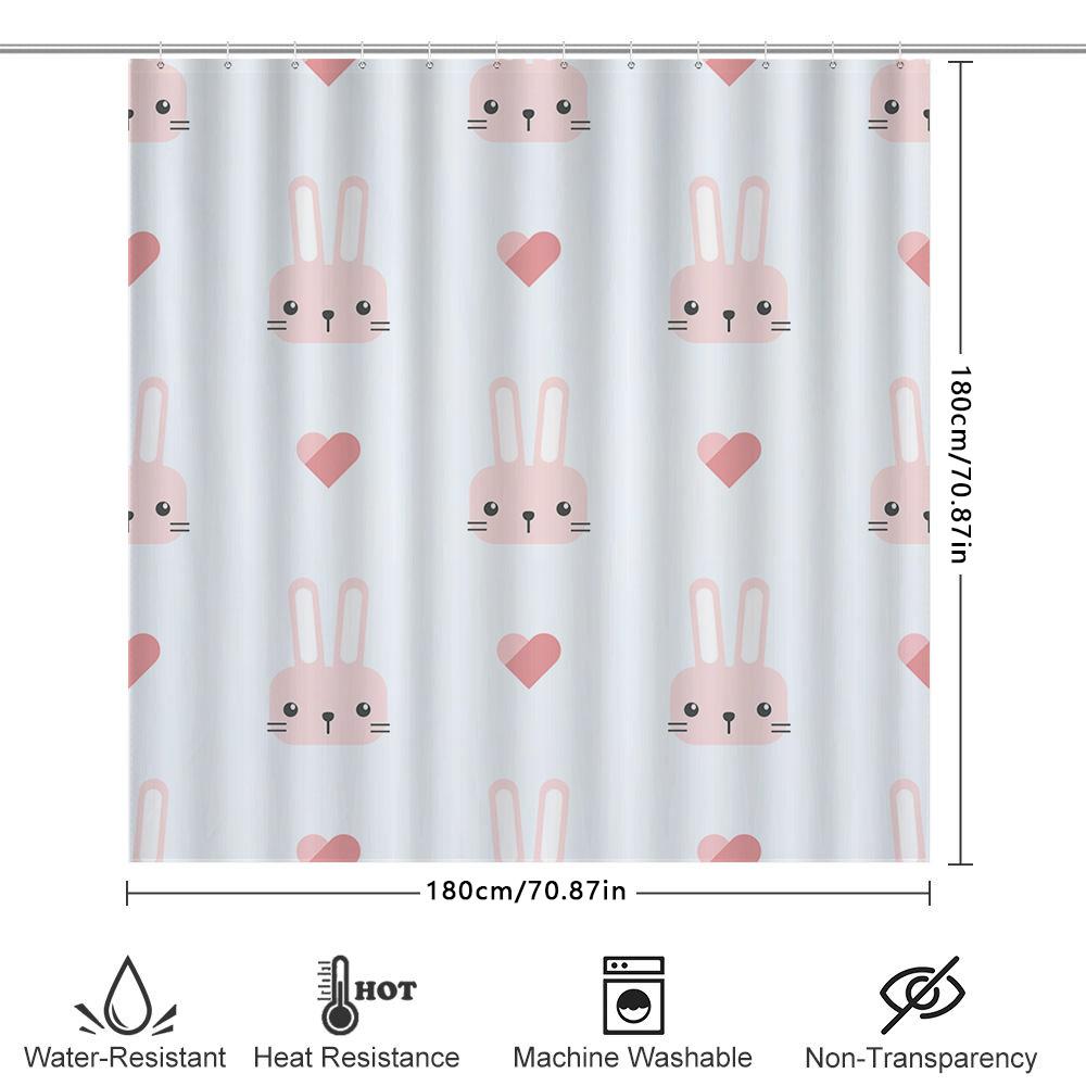 Cute Rabbit Heart Print Shower Curtain for Bathroom Decoration in Various Sizes Pink White Animal Design Polyester Fabric Waterp