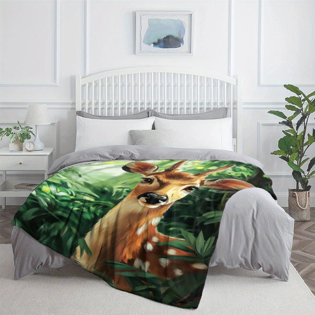 Deer in forest plush blanket animal print soft cozy blanket nature wildlife design flannel blanket home decor gift for nature