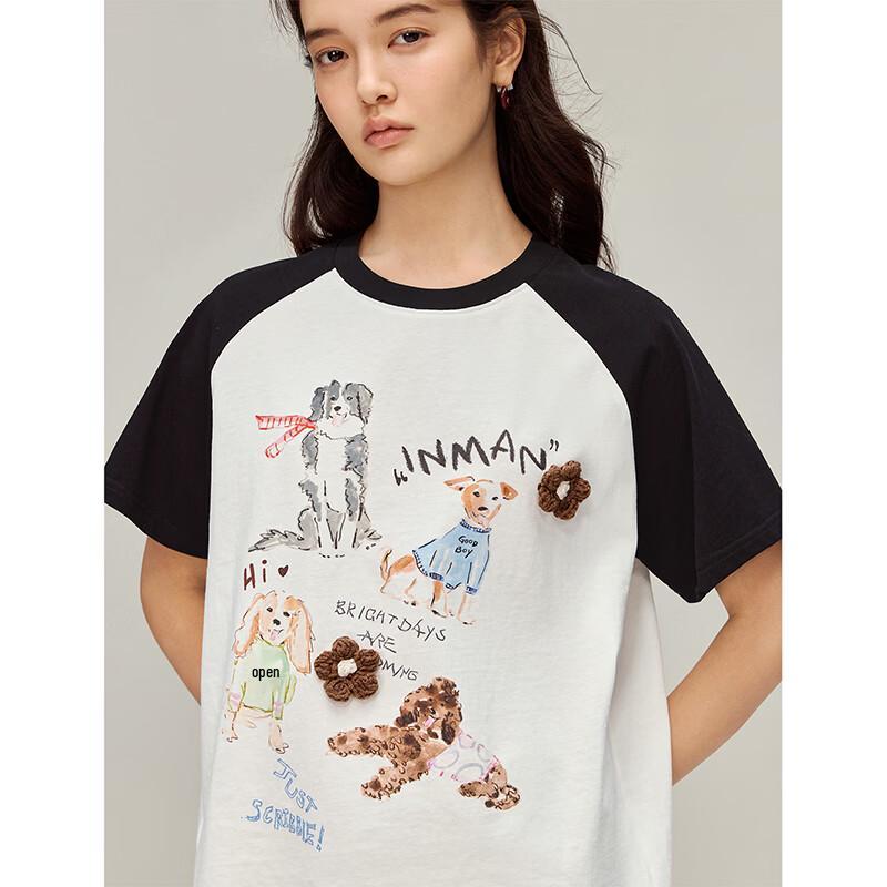 INMAN Lustiges Haustier-Print Kontrast Baumwoll-T-Shirt