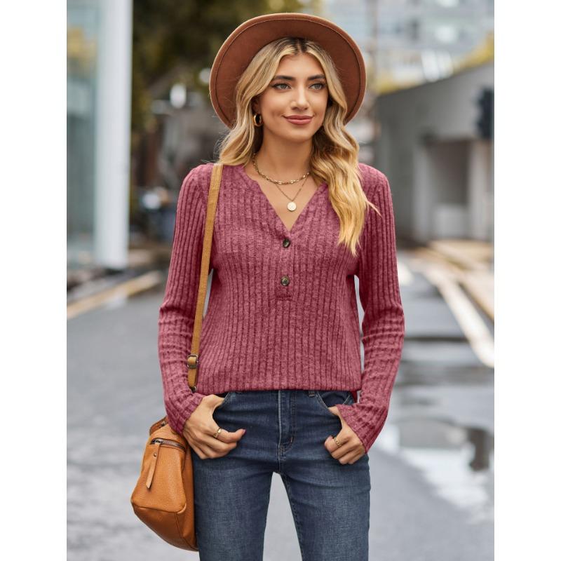Autumn Women's Knitwear Solid Colour Pit Stripe Brushed Half Placket Button Up Long Sleeve Top