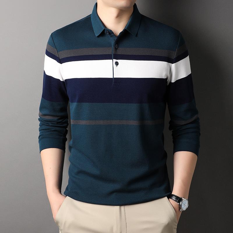 

Мужская осенняя новая хлопковая футболка с длинными рукавами, мужская полосатая свободная футболка с лацканами, мужская рубашка поло с длинными рукавами для людей среднего возраста 3XL