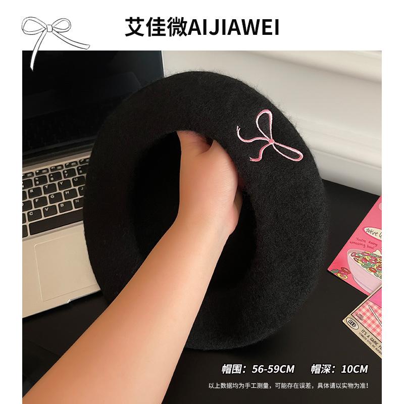 Stylish Korean Inspired Bow Embroidered Wool Beret Hat For Women Perfect For Fall And Winter Fashion