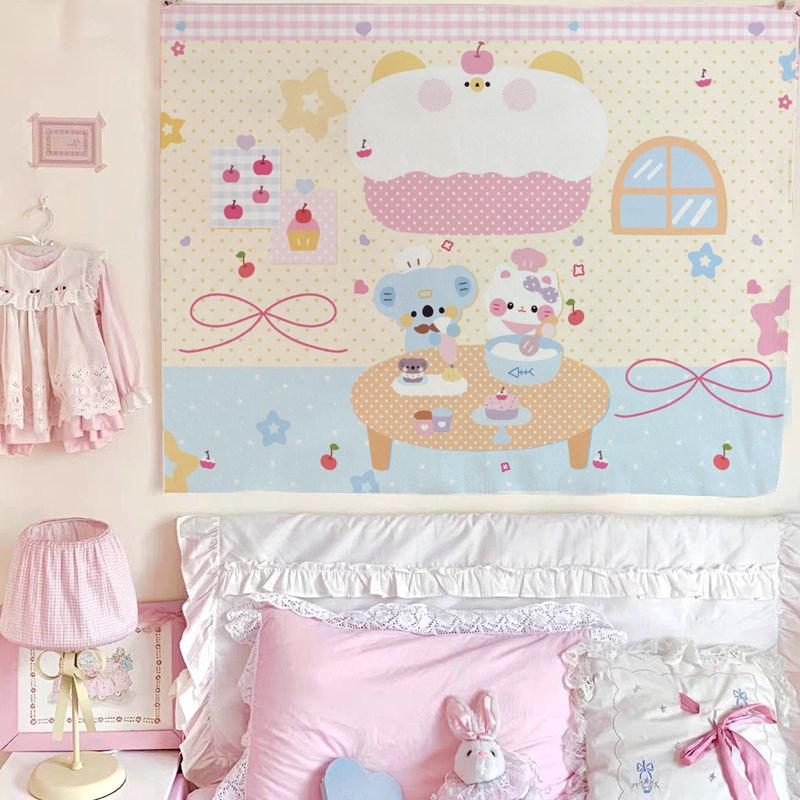 

Cute Cartoon Animals Print Tapestry Pink Style Girl Room Wall Hanging Boho Aesthetic Bedroom Dorm Wall Decor Background Cloth 74x94cm(29x37in)