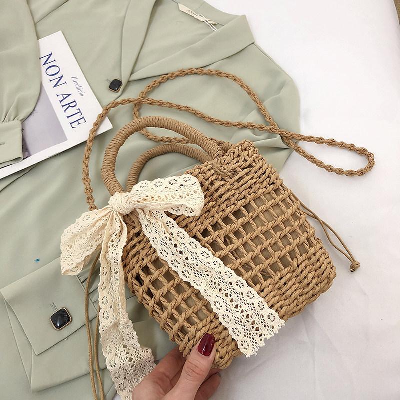 Women Straw Woven Handbag Daisy Flower Lace Bow Summer Beach Bag Small Tote Crossbody Boho Style Shoulder Bag