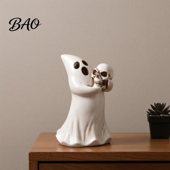 Decorative Light Holder Halloween Ghost Figurine with Skull, Resin Statue for Tabletop Decor, Retro Craft Gothic Ornament Home Desktop Window