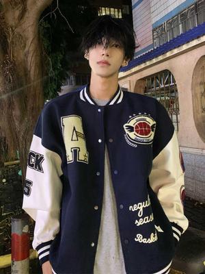 Men's Dark Blue Embroidered Baseball Jacket - Trendy Autumn/Winter Short Style for Couples