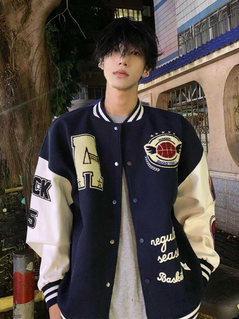 Men's Dark Blue Embroidered Baseball Jacket - Trendy Autumn/Winter Short Style for Couples