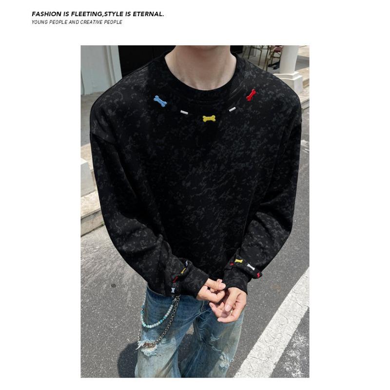 Men S Loose Fit Embroidered Crew Neck Pullover Sweatshirt Plus Size