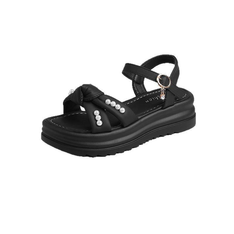 Thick-soled Bow Sandals Women's Summer New Pearl Buckle Muffin Sandals