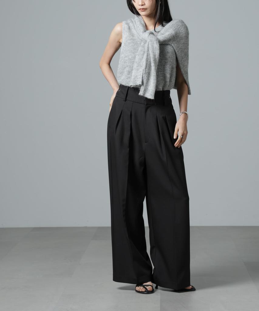 Nano Universe Size F Women's High-Waisted 2-Tuck Wide-Leg Pants, Black, 010, 673-5127305