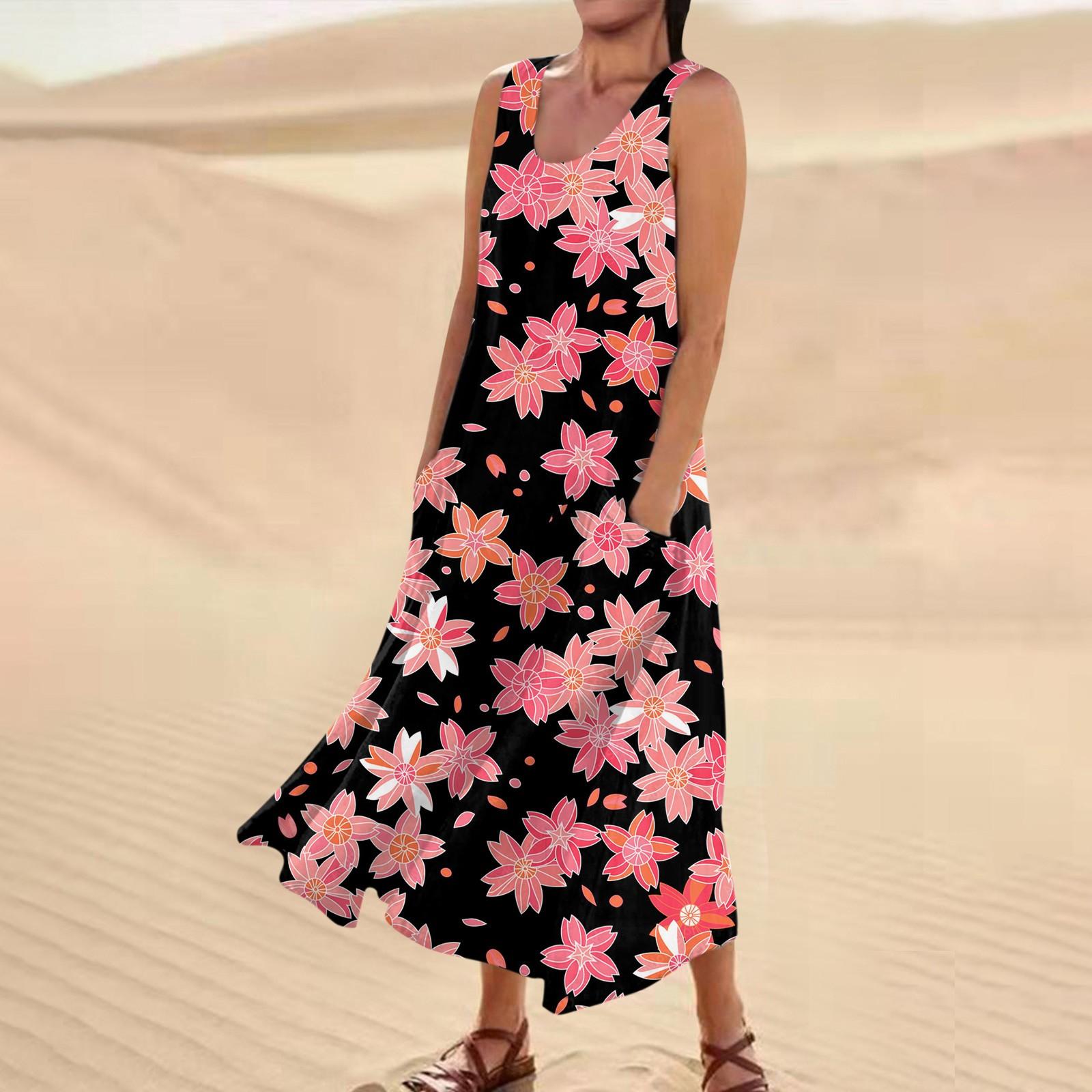 Женское повседневное удобное хлопковое карманное платье без рукавов с цветочным принтом — фото 7