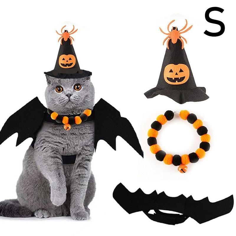3×Halloween Pet Cat Costume Decoration Set - Bat Wings Collar Headband Accessories, Spooky Cute Cosplay Dress-Up Halloween Party