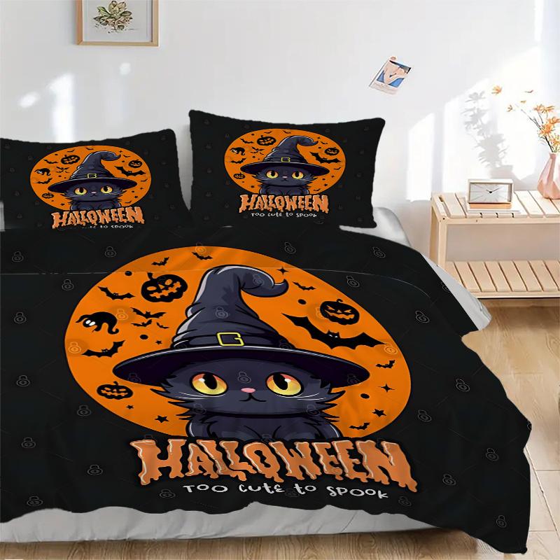 3pcs Cute Happy Halloween Cat Witch Hat Bedding Set - 1 Soft Quilt Cover + 2 Pillowcases, Machine Washable - Suitable for All Seasons, Perfe