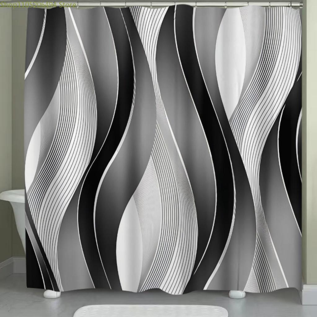 1pc Black And White Wavy Line Pattern Shower Curtain Made of Polyester for Bathroom Decoration And Accessories, Printed Curtai