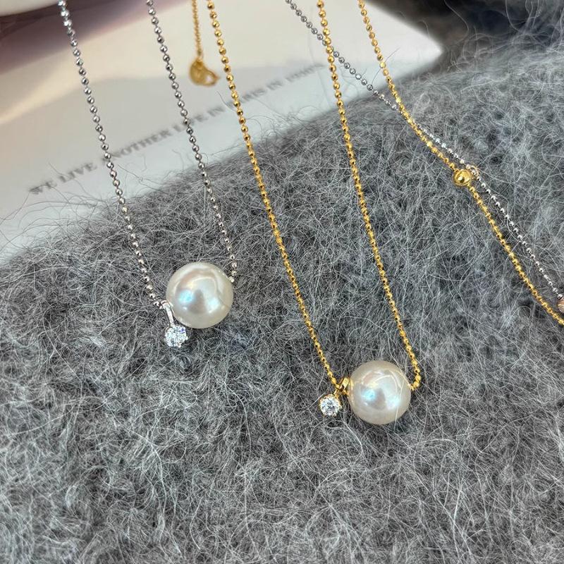 PANJBJ 925 Sterling Silver Round Necklace for Women Pearl Zircon Bead Minimalism Sweet Jewelry Gift Dropshipping
