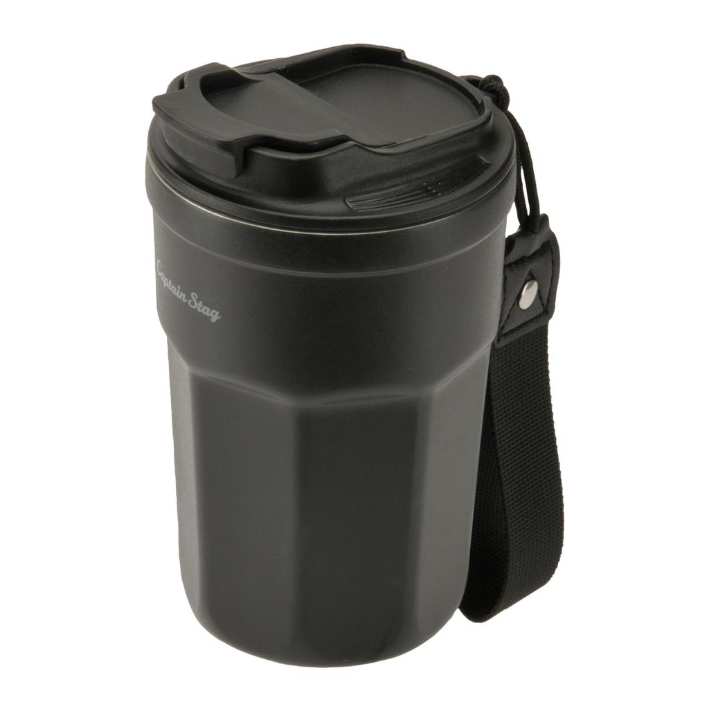 CAPTAIN STAG Outdoor Cup Mug Tumbler CS Vacuum Flap Lid Tumbler 350ml Insulated with Lid and Strap Black Double-Walled Hot/Cold UE-4949