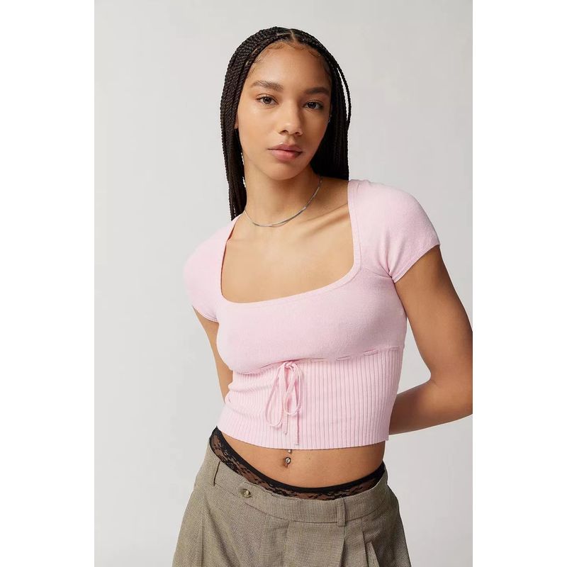 

Fashion Sexy Square-Neck Short Lace up Crop Top Knitting Tops Sexy Square Neck Knitted Top Pink S