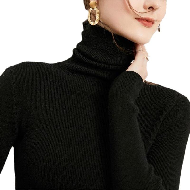 Soft waxy pile-neck knitted bottoming shirt for women, slim spring and autumn style temperament versatile solid color turtleneck bottoming