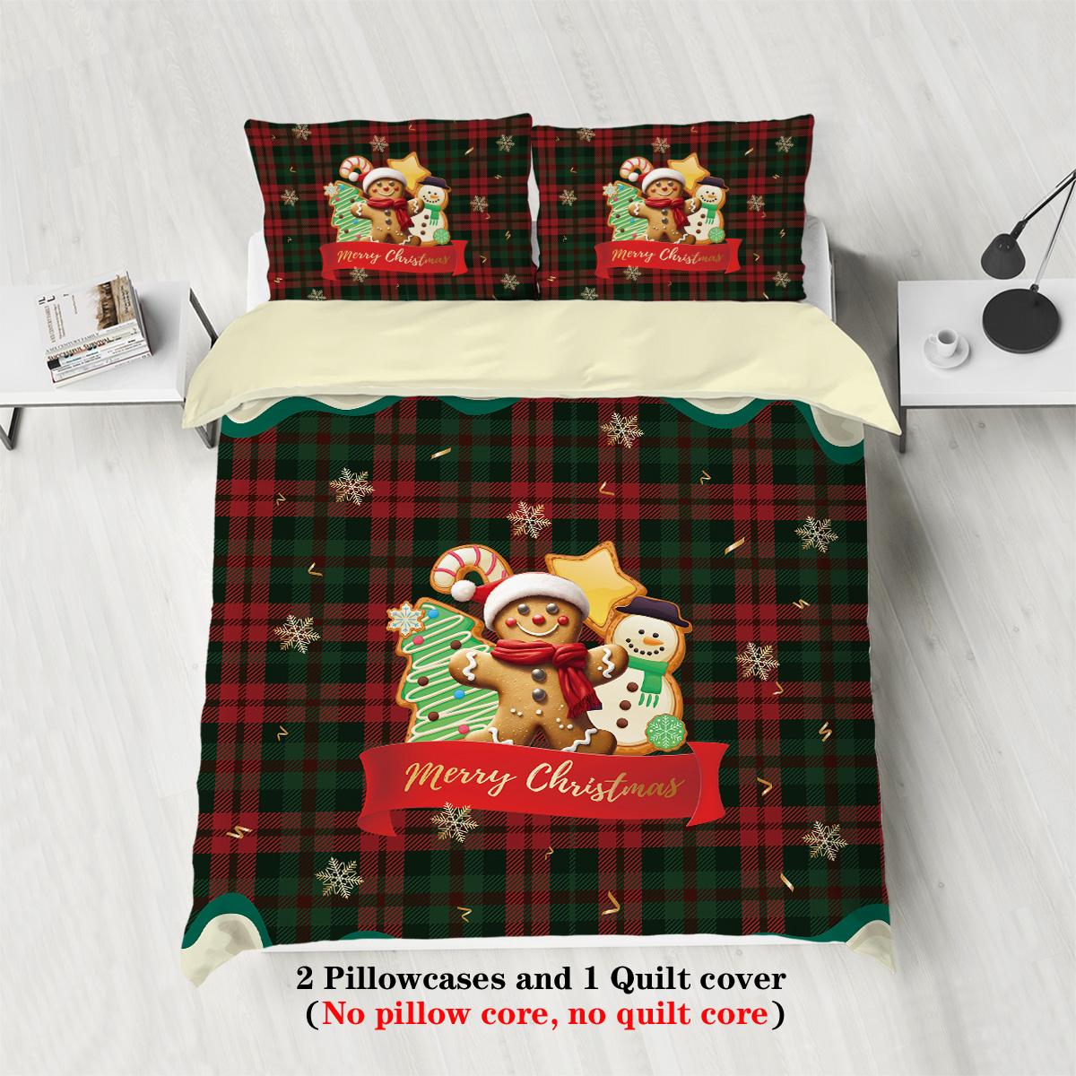 

3pcs Christmas Gingerbread Print Coreless Bedding Set Comfortable Multi Size Bedroom Dormitory Duvet Covers Machine Washable 135x200cm-EU-Single&set