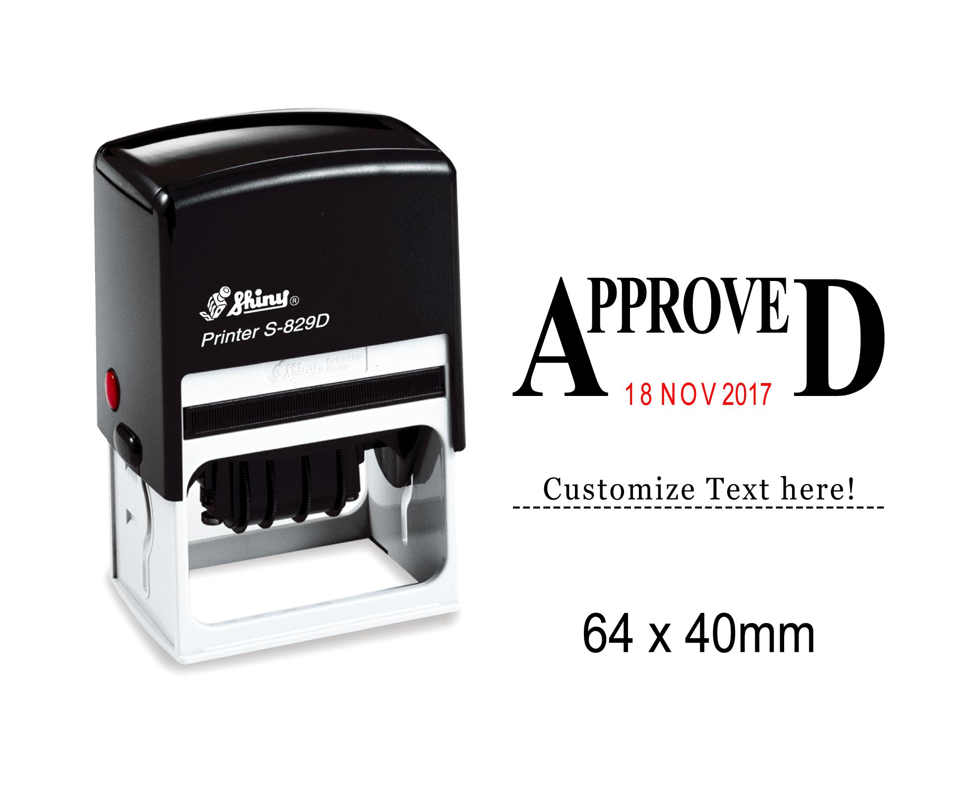 

Блестящая дата штампа собственной личности чернила с утвержденным и настроить текст здесь текст канцелярские канцелярские резиновый штамп Impression Area : 64 mm x 40 mm чёрный