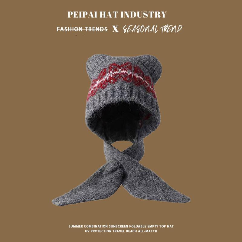 

Women s thermal scarf, hat integrated pullover, cute student bear knitted hat, ear protection and cold protection M（56-58cm）