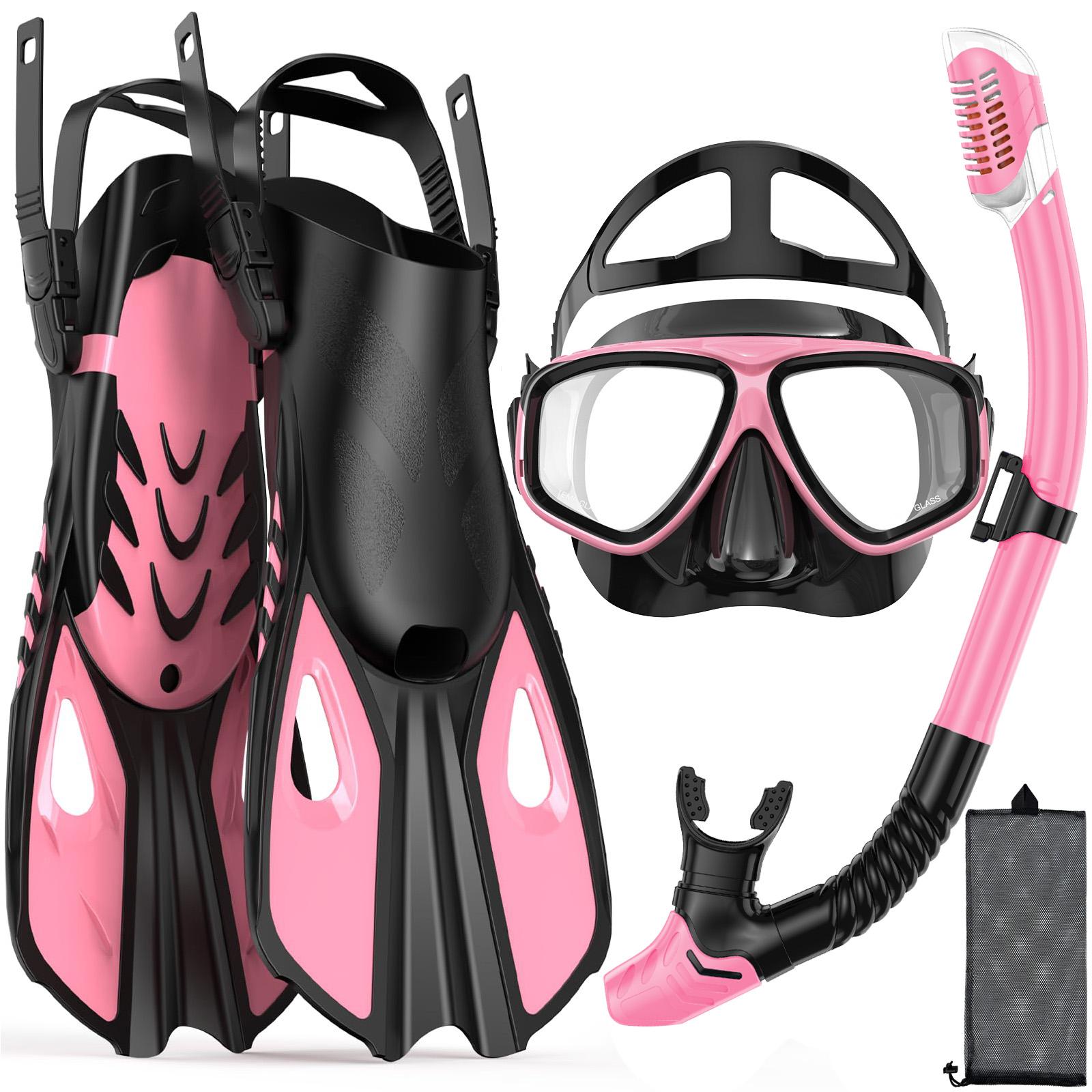 

Mask Fins Snorkel Set 4 in 1 Panoramic View Dry Top Adjustable Short Dive Flippers Travel Bag Scuba Gear Diving Swimming Adults S/M розовый