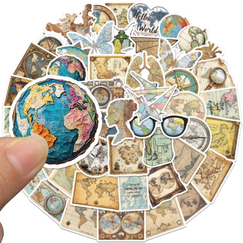 50PCS Vintage Travel Clock Maps Stickers Retro Travel Map Aesthetic Sticker Waterproof Vinyl Decals for Scrapbook DIY Laptops