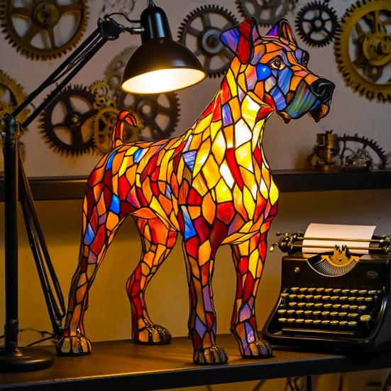 Yousheng Dog Table Lamp Stained Glass Style Resin Greyhound Night Light 3D Animal-Themed LED Bedside Lamp for Kids' Room Bedroom Decor Dog Lovers Gift