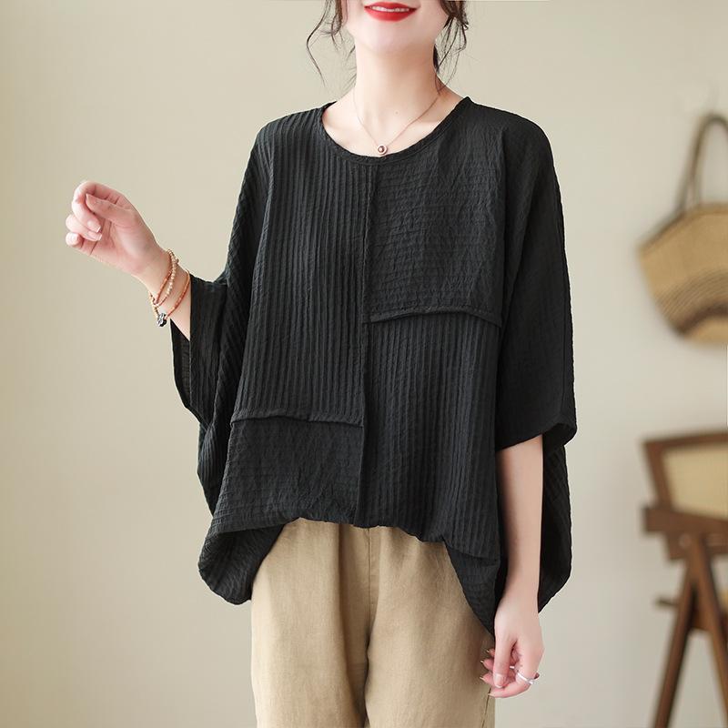 Sommer Literarische Baumwolle Leinen Locker Fledermausärmel Einfarbig Lässig Kurzarm Top T-Shirt für Damen