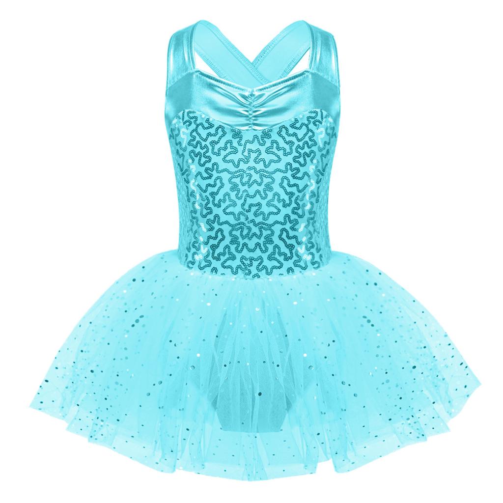 Girls Sleeveless Dance Dress with Shiny Sequins Crisscross Back and Tutu Mesh Skirt