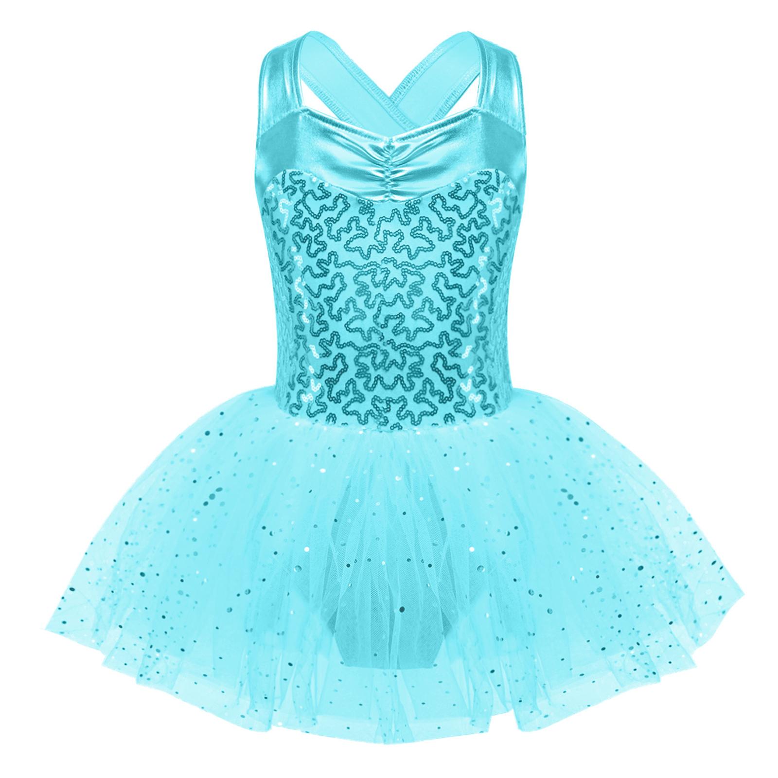 

Girls Sleeveless Dance Dress with Shiny Sequins Crisscross Back and Tutu Mesh Skirt