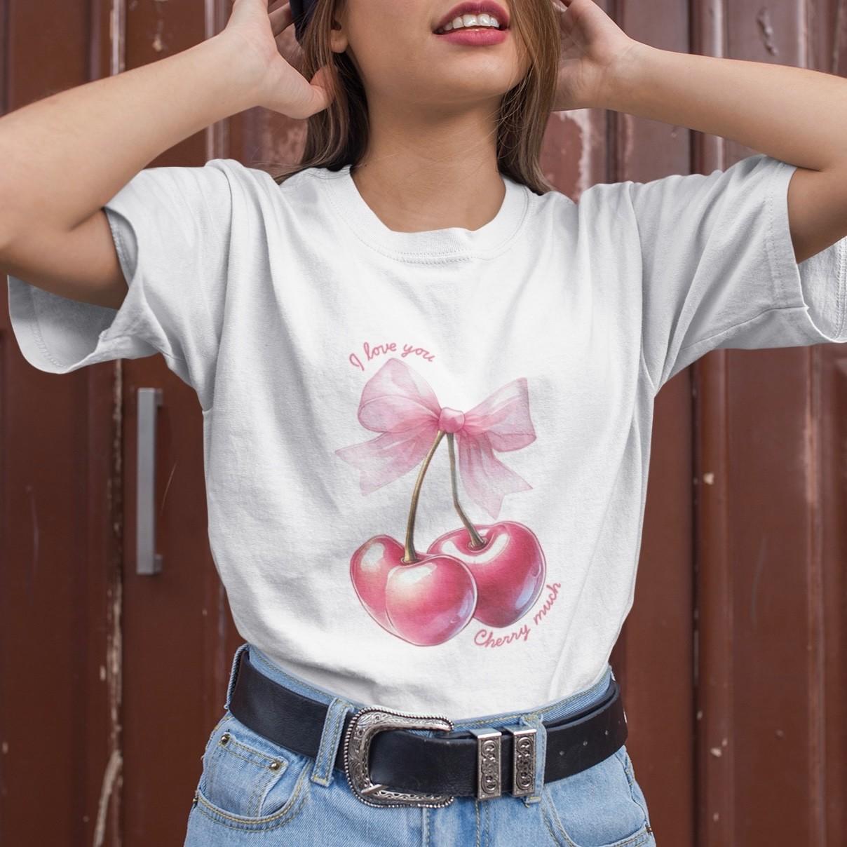 I Love You Cherry Much Graphic T-Shirt Cute Pink Bow Vintage Aesthetic Casual S
