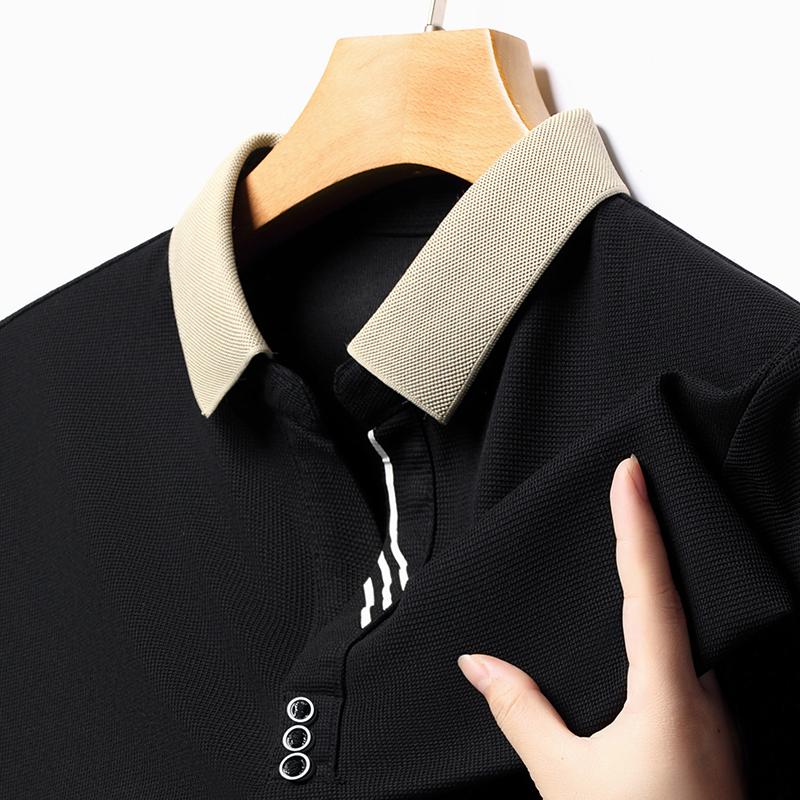 Korean Handsome New Summer Ice Silk Polo Shirt Loose Breathable Short Sleeved Thin Polo Striped Casual Tops Men's Clothing