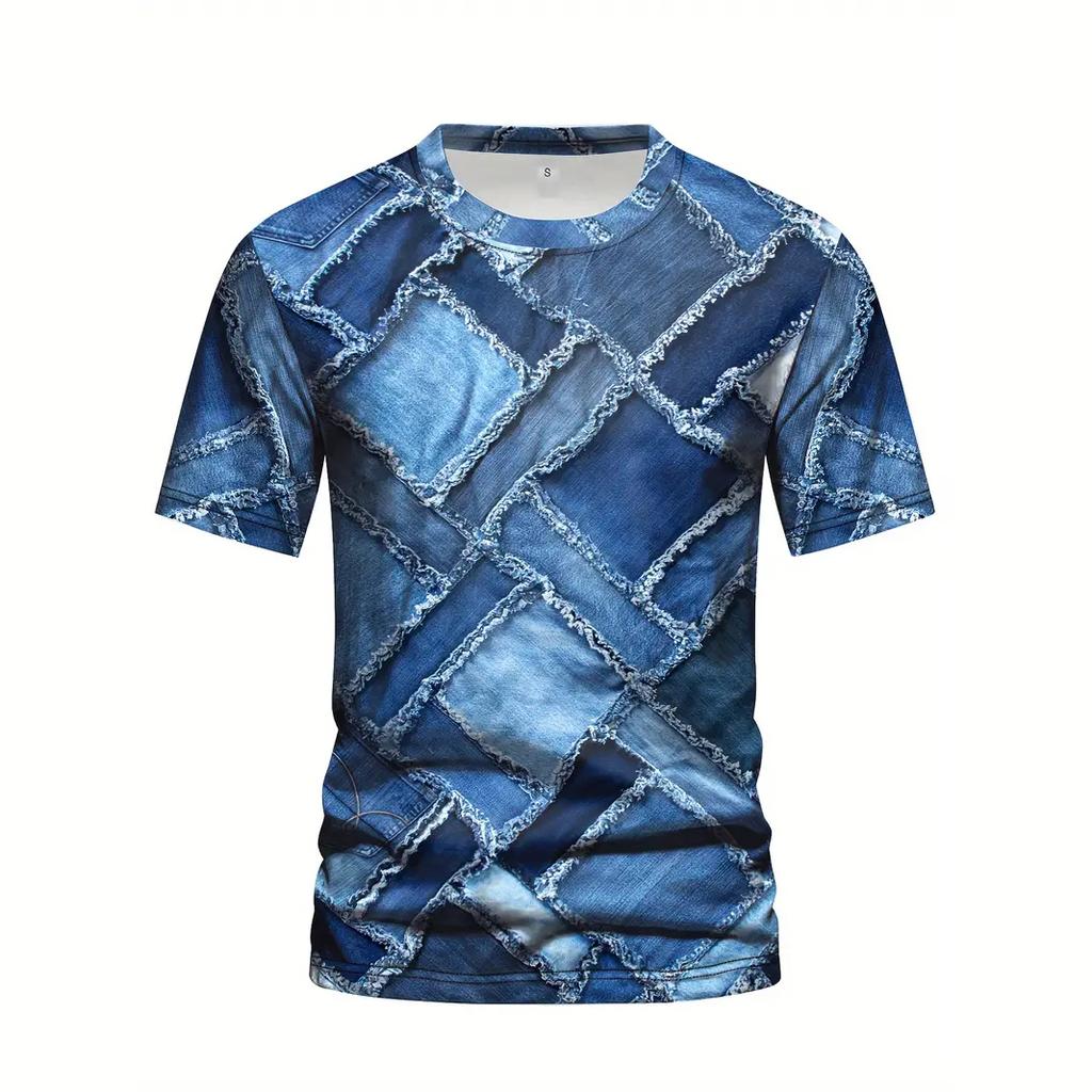Denim Pattern Men's T Shirt Summrt Short Sleeve O-Neck Pullover Fashion Street Sportwear Oversized Casual Male Clothing Camisa