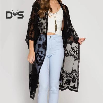 Cardigan da donna trasparente ricamato in pizzo sottile manica a tre quarti tinta unita lunghezza mif punto aperto sciolto Lady Beach Vacation Cover Up