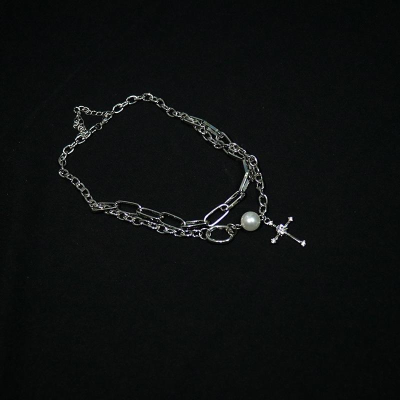 Tooxika Diamonds Cross Double Stacked Band Necklace Women Cold Wind Necklace Fashion Collarbone Chain