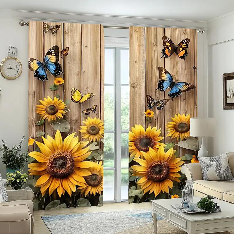 Vintage Sunflower Print Curtains Pole Bag Bedroom Living Room Home Decoration Set Of 2 Made Polyester Sitting Decor