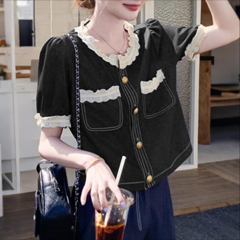 

ZANZEA Женская блузка с кружевной вставкой, круглым вырезом, повседневная, с рукавом до локтя 4XL чёрный