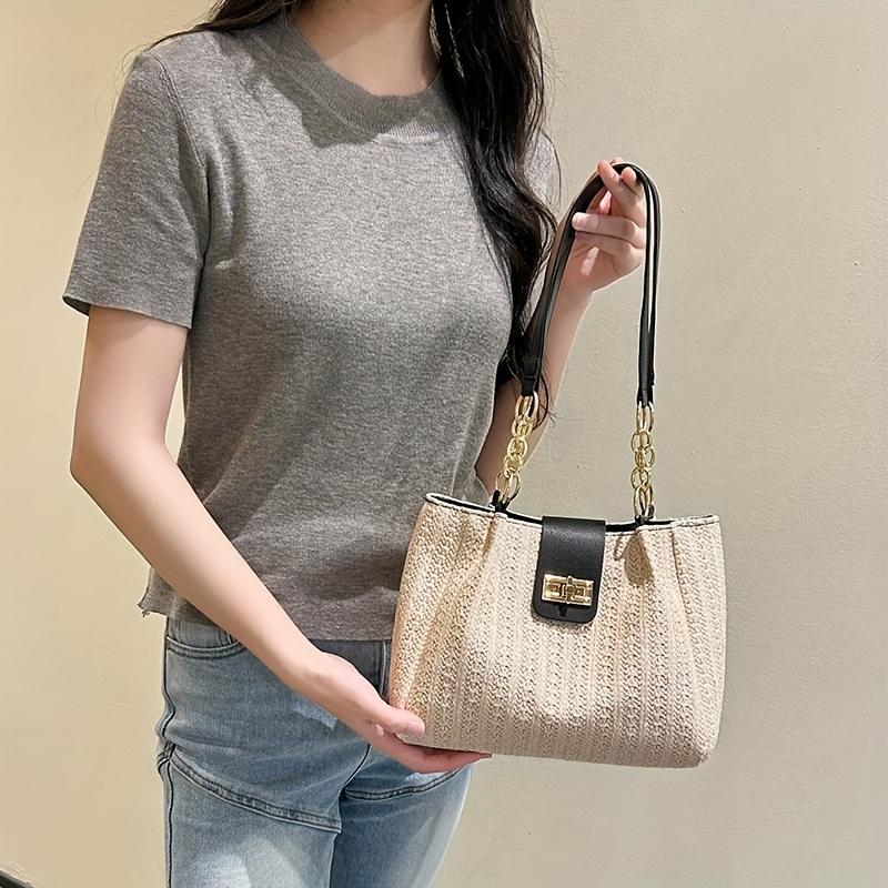 Sac à bandoulière élégant pour femme en tissu tissé grande capacité, bandoulière à chaîne parfaite pour les sorties décontractées et le shopping, sac cabas tissé