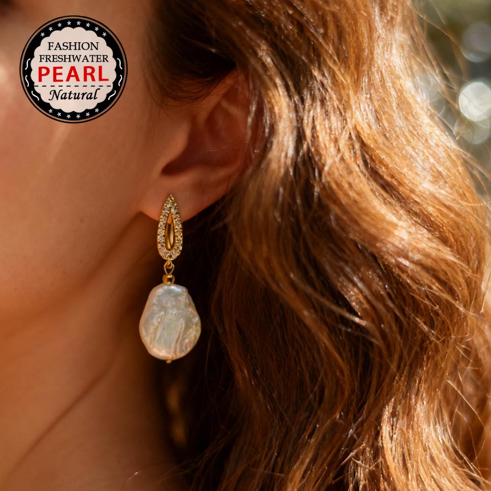 SENIKO Naturalne słodkowodne duże kolczyki z pereł barokowych Modne kolczyki z perłami z cyrkonii sześciennej dla kobiet Biżuteria imprezowa