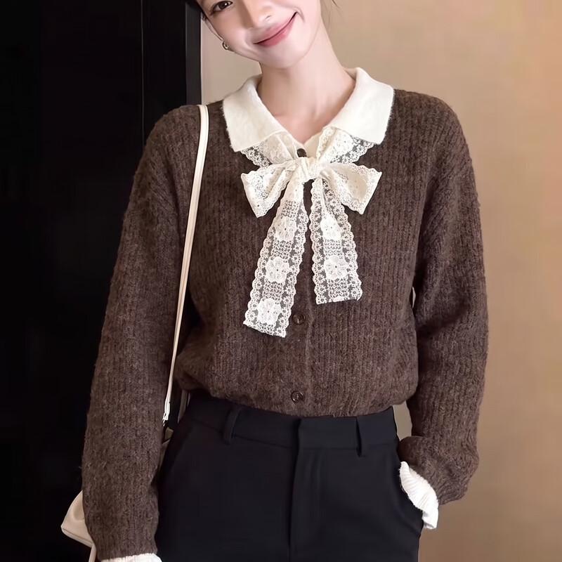 La Chapelle Women's Faux-Layer Bow Collar Knit Sweater Coat