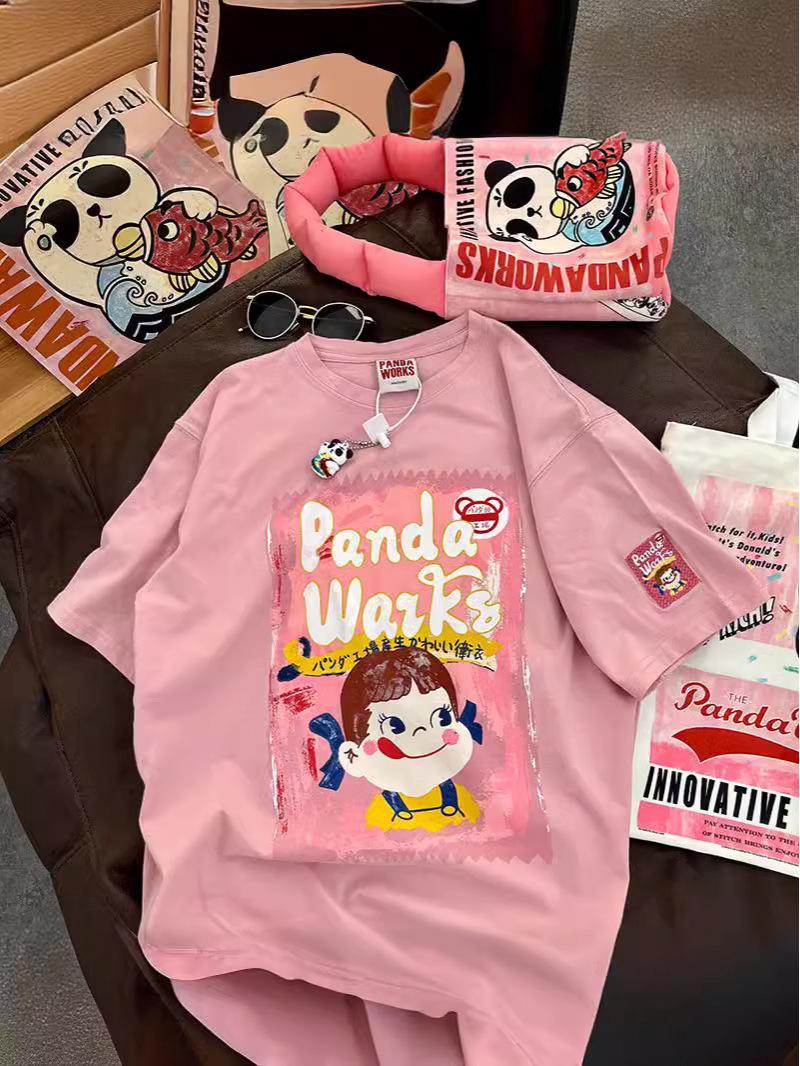 

Taiwan Plus Size Cartoon Print Loose Cotton Women s T-shirt with Back Wrap Collar L