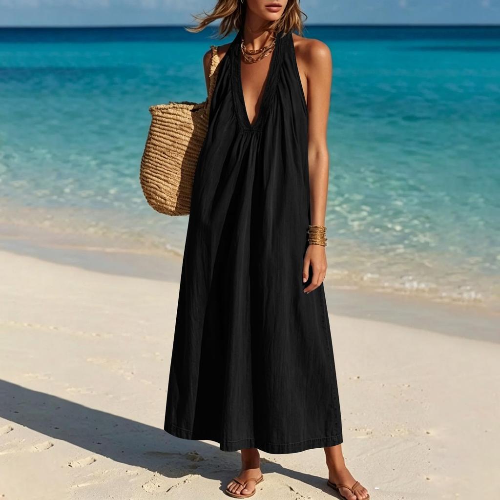 Women's Fashion Sleeveless V Neck Backless Casual Loose Fit Long Dress Summer Beachwear Maxi Dress