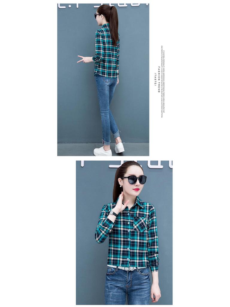 2025 Women's Korean Style Plaid Slimming Shirt - Casual Long Sleeve Print for Spring & Autumn Students